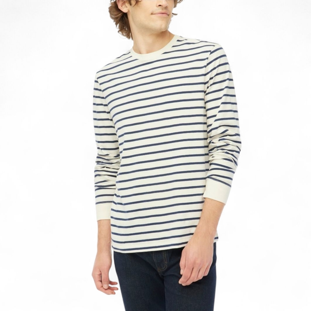 🔥J.CREW Factory Biege/Navy Blue‎ Cotton Striped Crew-Neck Long Sleeve Tee SZ XL